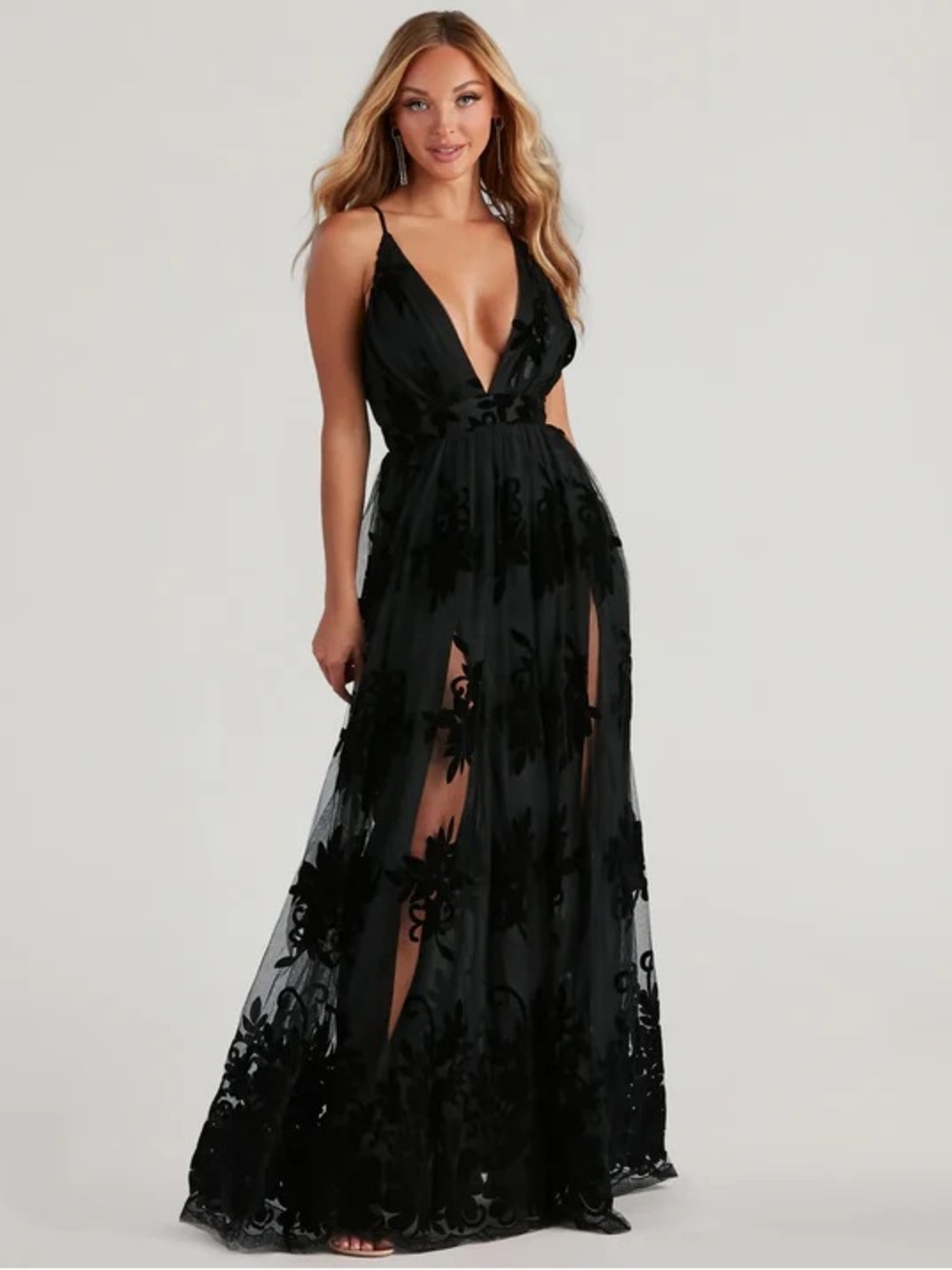 Windsor Morgan Black Flocked Velvet Floral A-Line S/M - Picture 5 of 5